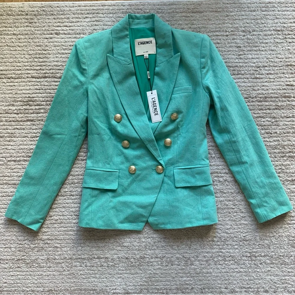 L’AGENCE Kenzie Double Breasted Cotton / Linen Blazer Seafoam NWT Size 0 - Picture 2 of 8